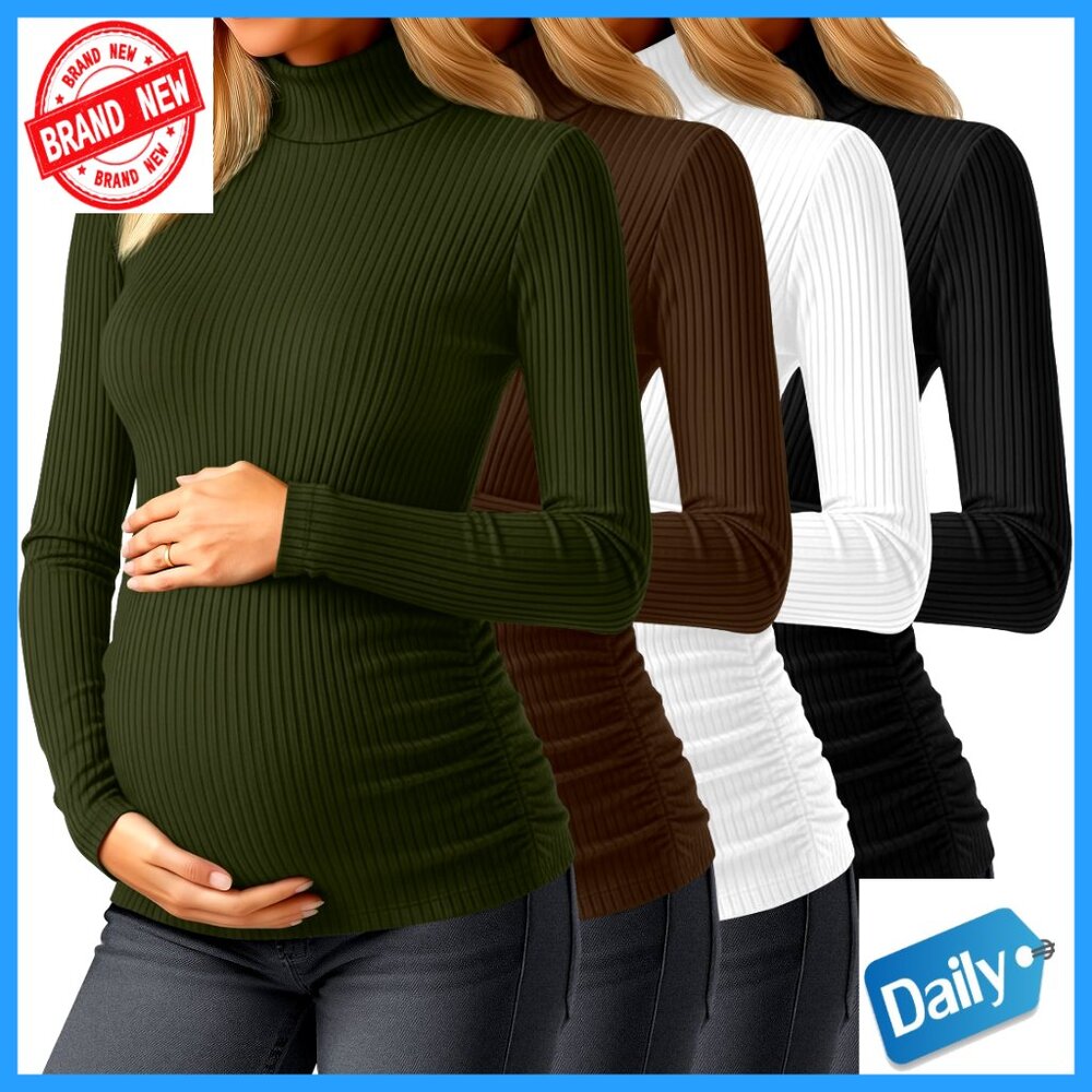 Maternity Turtleneck Long Sleeve Tops Ribbed Cotton Spandex Side Ruched